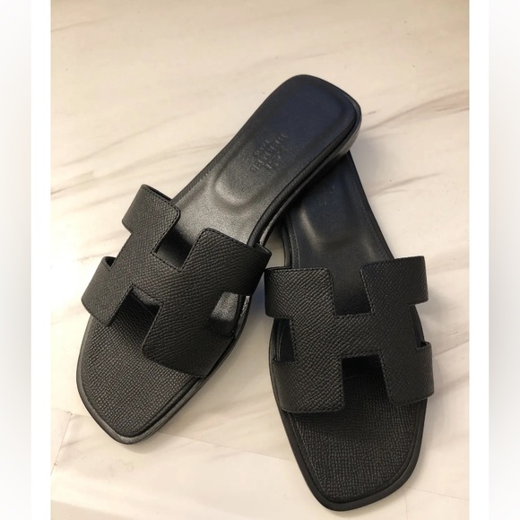 Hermes Shoes - Hermes Oran black epsom leather slides size 38